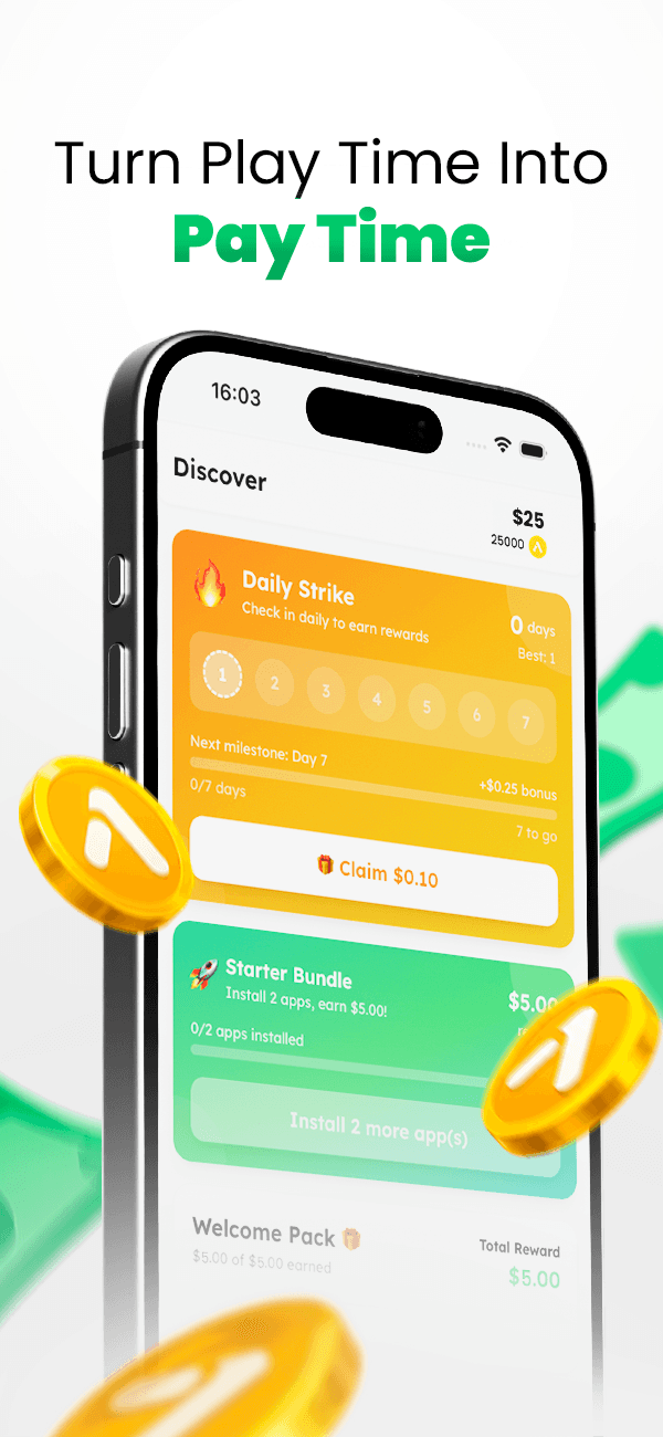 The AppsPrize app turning play time into pay time: a coin balance, a daily check-in streak, and a starter bundle reward.