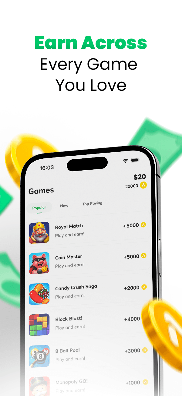 The AppsPrize Games screen listing popular titles like Royal Match and Coin Master with coin rewards next to each one.