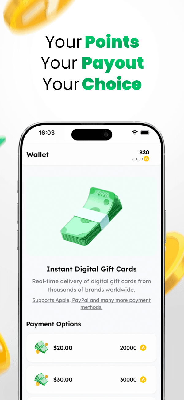 The AppsPrize Wallet screen offering payout options with PayPal cash and gift cards.